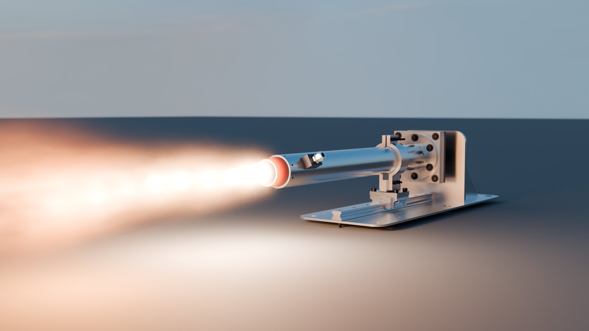 Simulated static fire of Remus on the Ostia stand at sunset, plume exiting to the left
