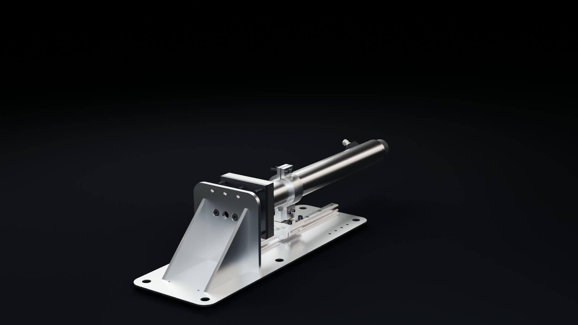 Photorealistic render of Remus mounted on the Ostia static-fire stand: motor in its clamp on a linear rail, thrust plate and gusseted base