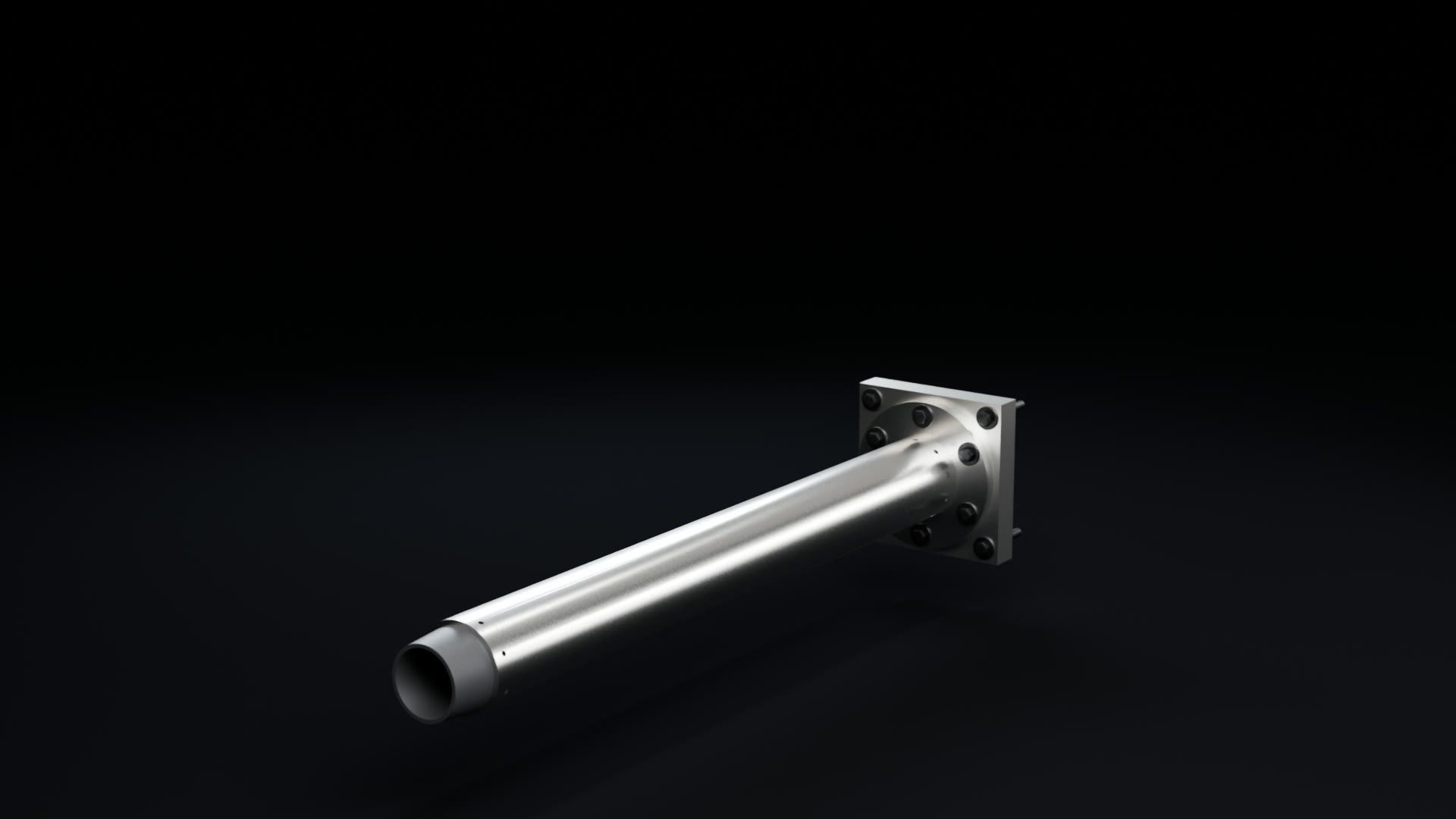 Photorealistic render of the Remus hybrid motor: 316 stainless combustion chamber, graphite nozzle and bolted injector flange