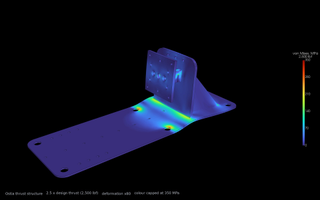 von Mises stress in the Ostia thrust structure at 2,500 lbf, deformation exaggerated