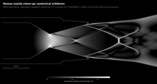 Numerical schlieren of the nozzle flow showing the internal shock, its reflection on the axis and the Mach disk